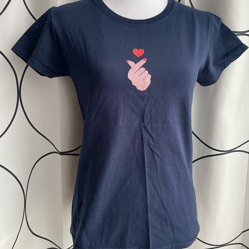 Navy Blue K-Pop Tee with Finger Heart Design